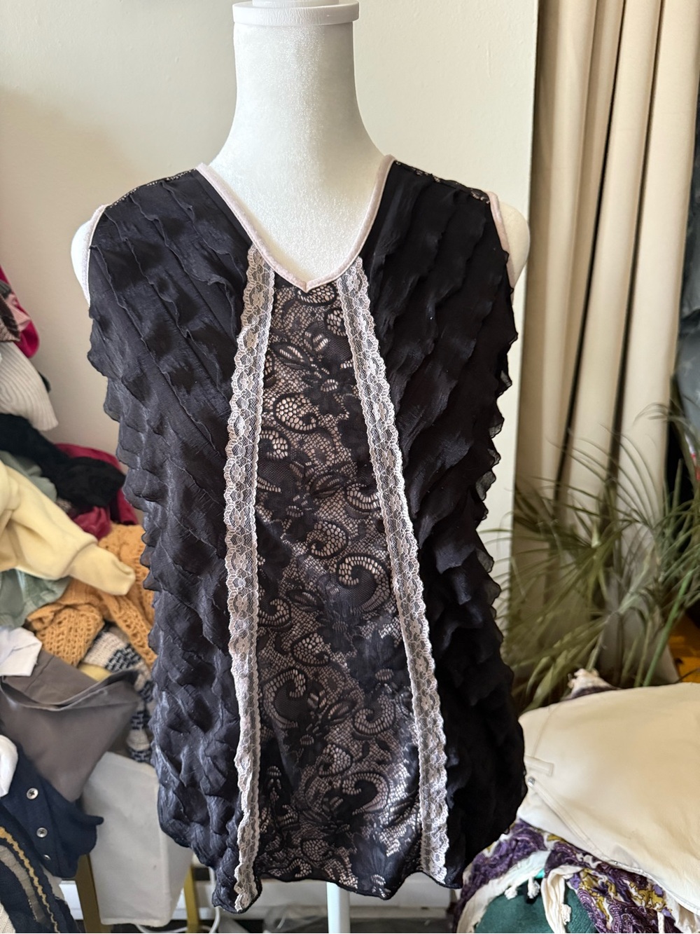 Maurices Black Ruffled Lace-Panel Sleeveless Camisole